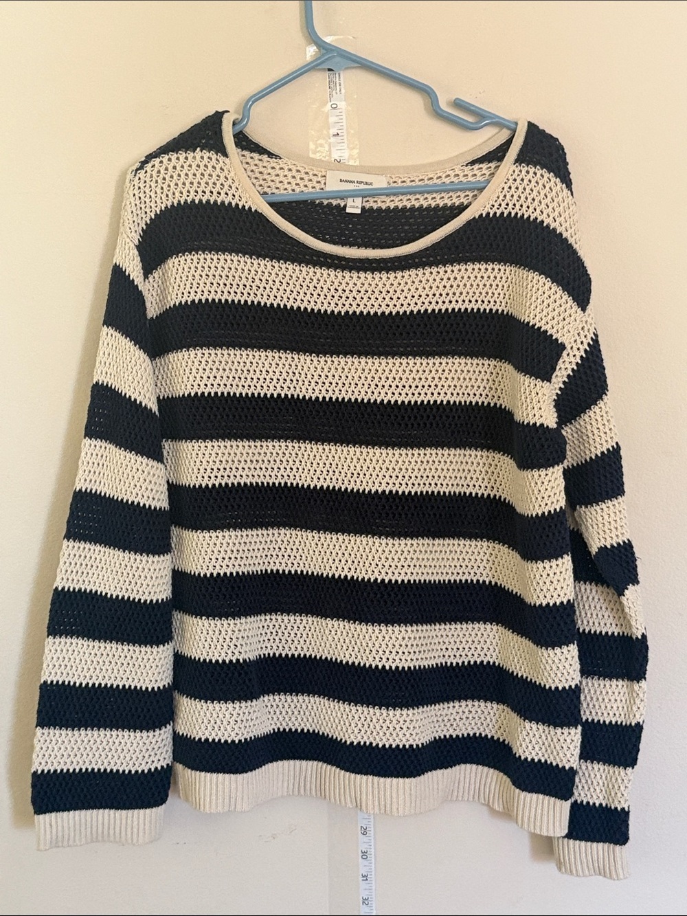 Banana Republic Navy and Cream Striped Open-Knit Crewneck Sweater
